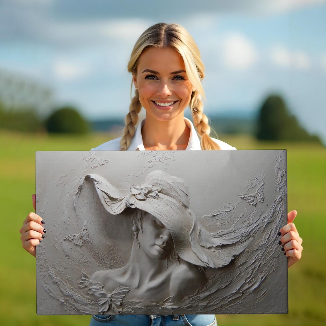 3D Embossed Woman in Wide Brim Hat Silver Relief Wall Art Poster - Image 5
