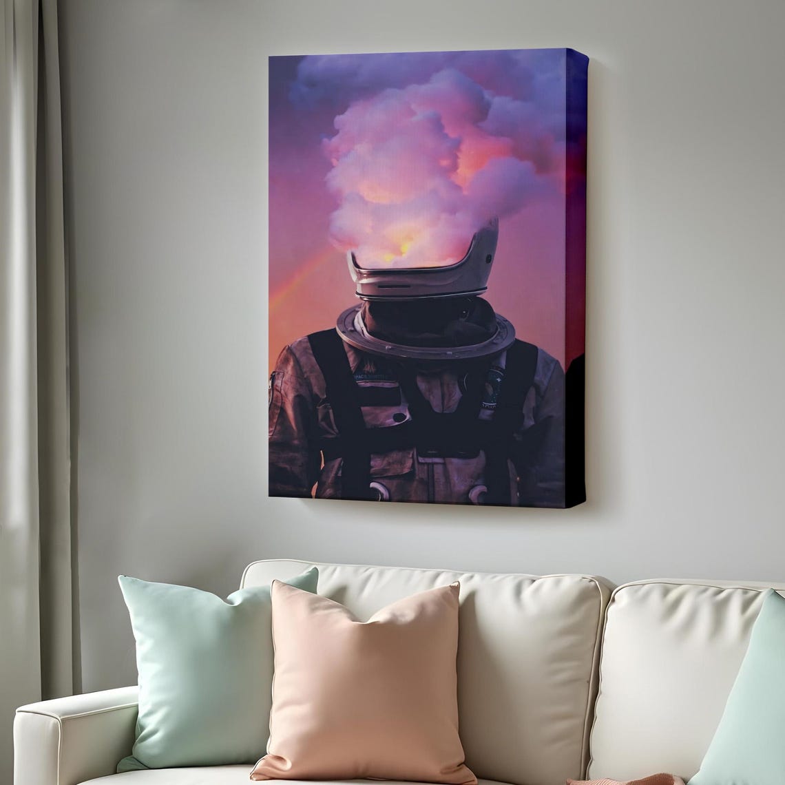 Astronaut Helmet Exploding Sunset Clouds Surreal Space Art Poster