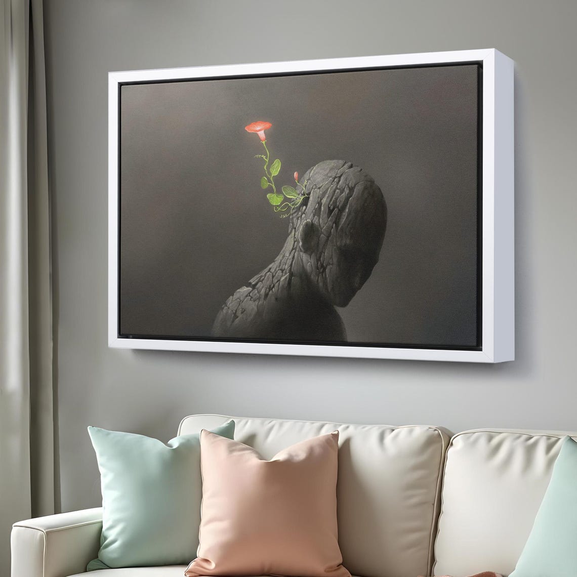 Cracked Stone Head Red Flower Surreal Conceptual Fine Art Wall Poster - Image 3