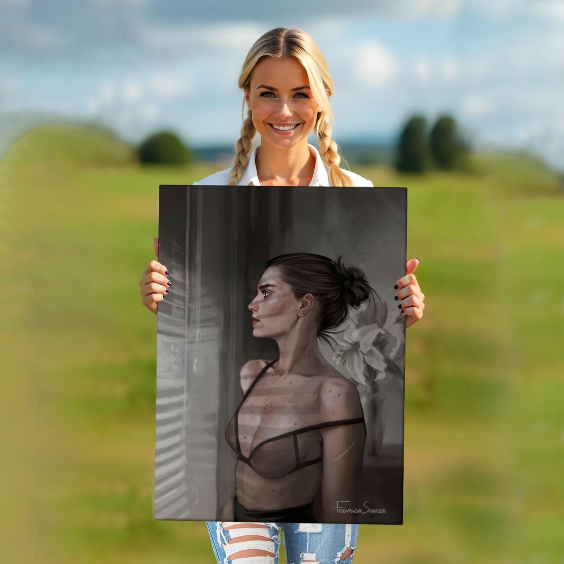 Moody Woman Portrait by Window Grayscale Elegant Fine Art Canvas Poster - Image 5
