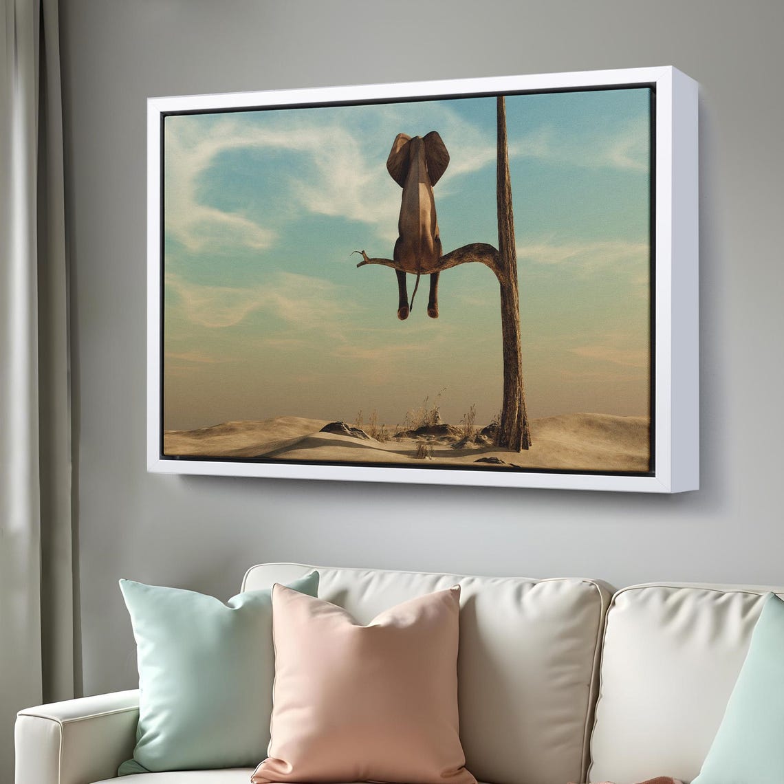 Elephant Sitting On Tree Branch Desert Surreal Funny Animal Wall Art - Image 3