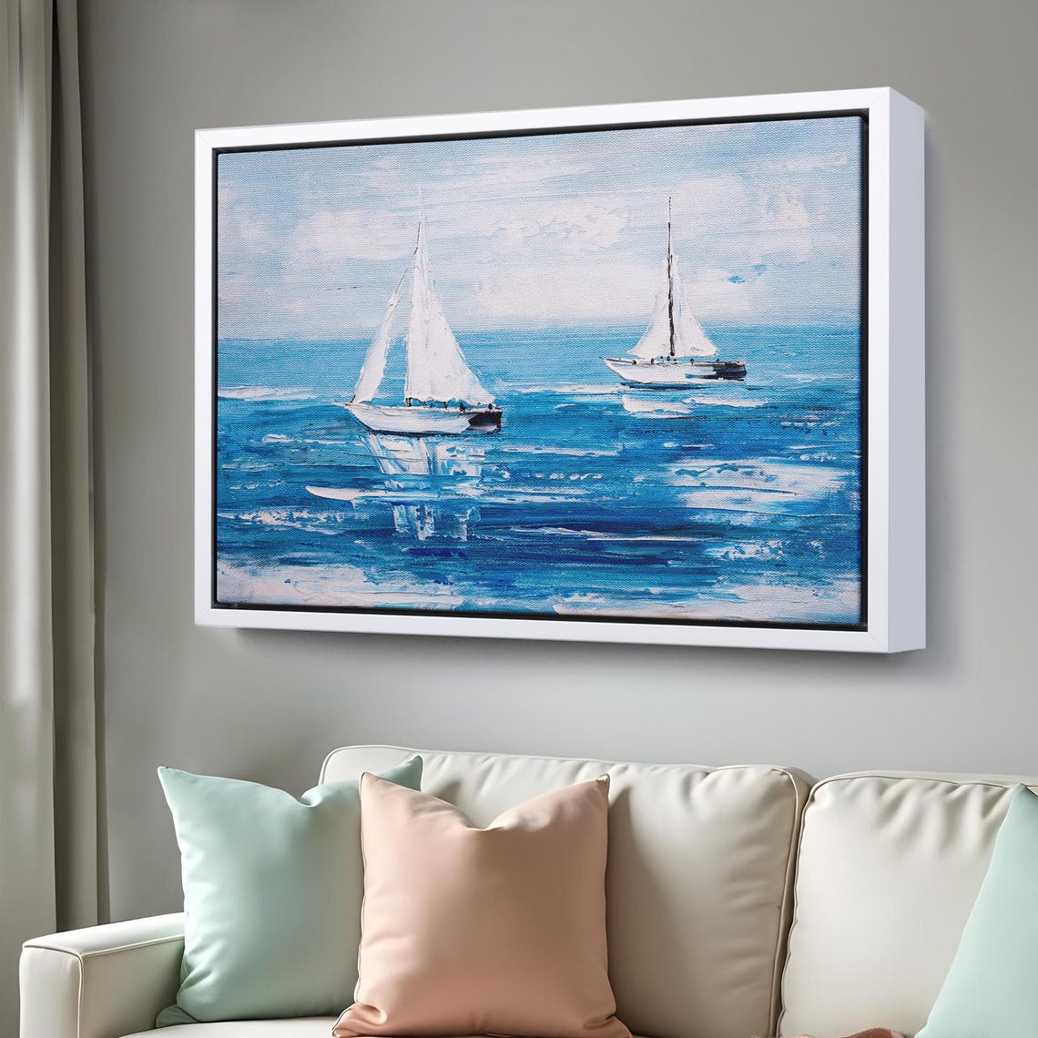 White Sailboats Blue Sea Summer Sailing Seascape Oil Painting Poster - Image 3