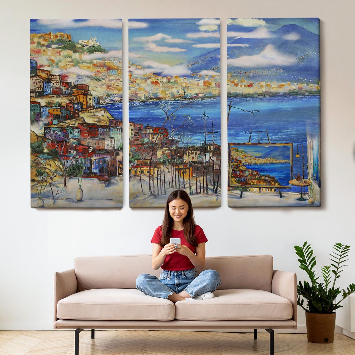 Naples Bay Vesuvius Volcano Colorful Hillside Town Oil Painting Poster - Image 2