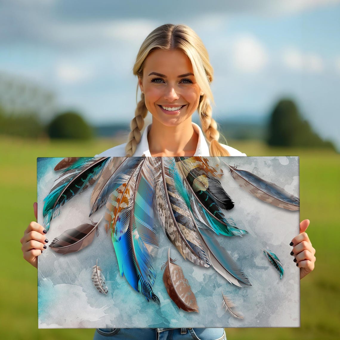 Elegant Bird Feathers Teal Copper Grey Watercolor Art Poster - Image 5