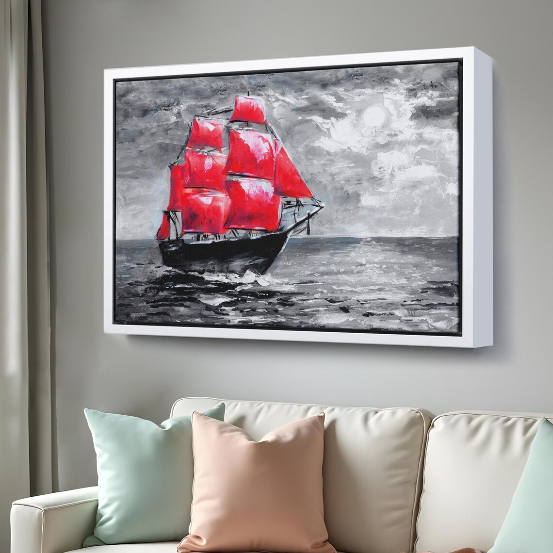 Tall Ship Red Sails Gray Stormy Sea Moonlit Ocean Painting Poster - Image 3