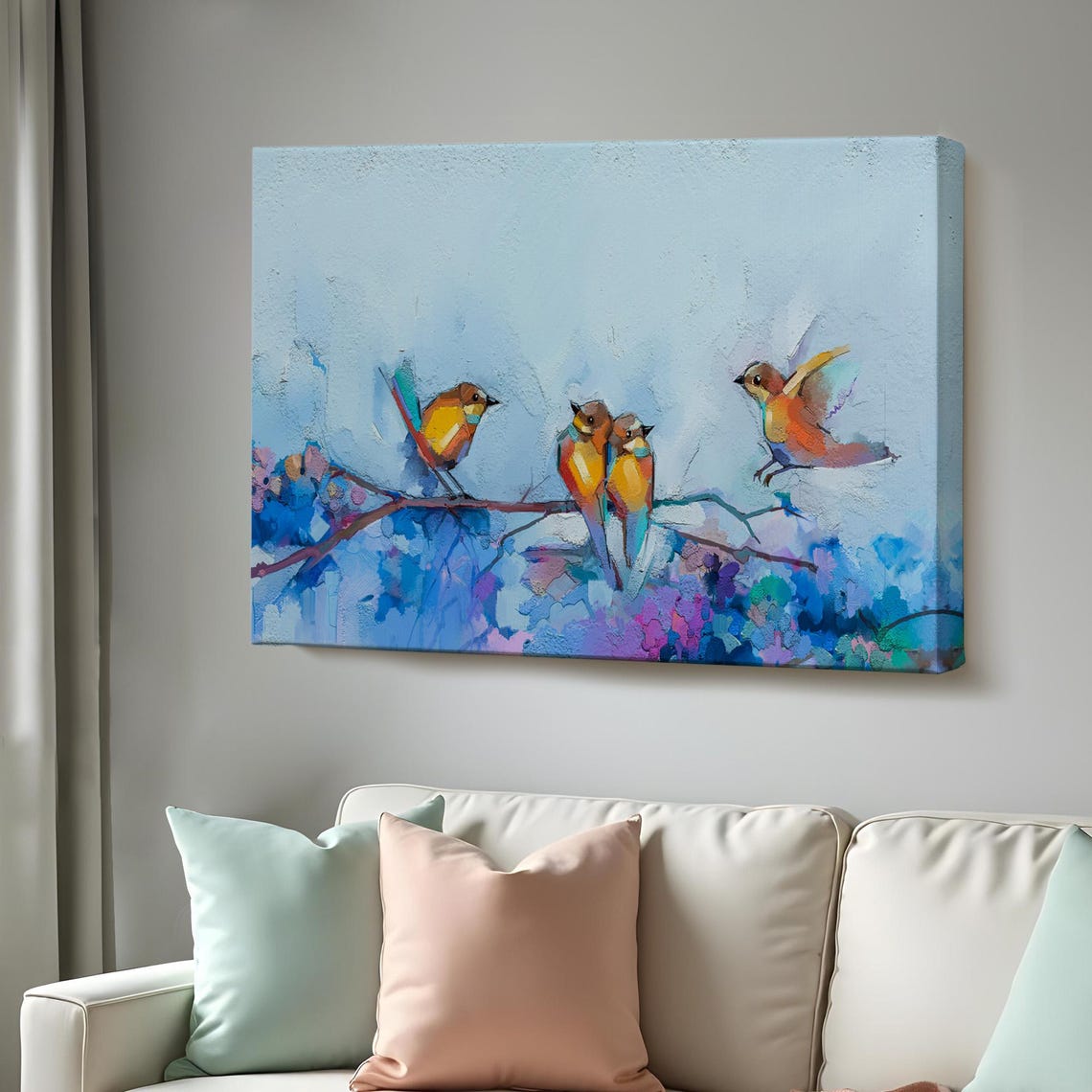 Four Colorful Songbirds on Blossoming Branch Spring Bird Art Poster