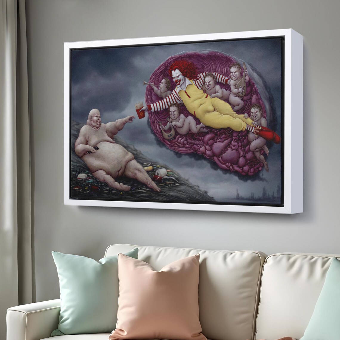 Painting Highlighting The Capitalism Of The Era With The Theme Of Adams Gods Hand Large Wall Art Religious Print - Image 3