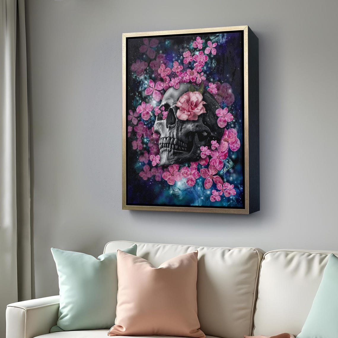 Black Skull With Pink Flowers Dark Botanical Surreal Gothic Wall Art - Image 4