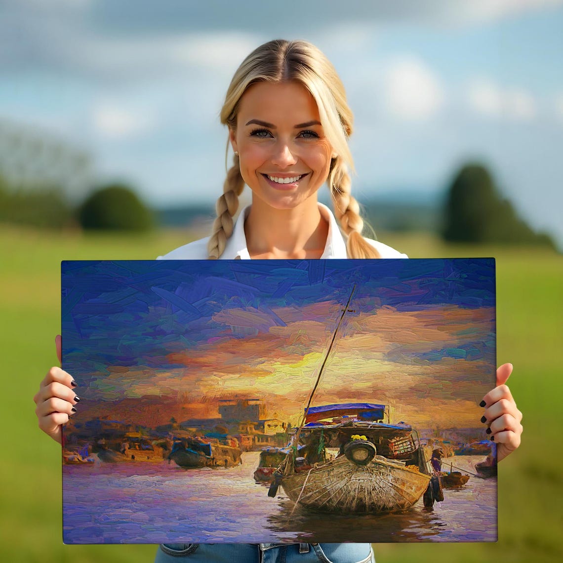 Colorful Floating Market Sunset Painting Woven Boats River Poster - Image 5