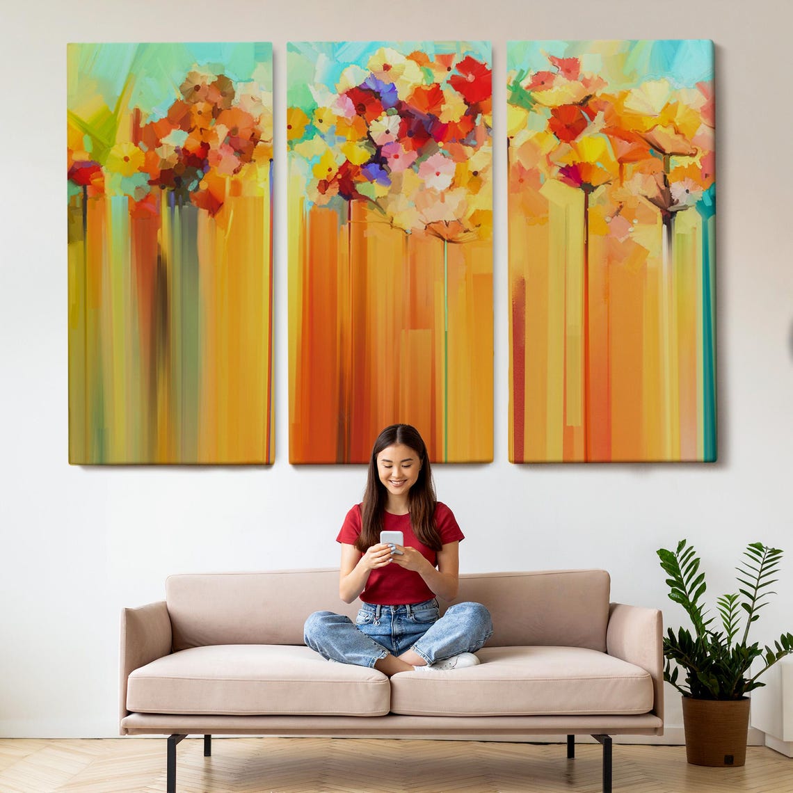 Abstract Orange Blossom Tall Stems Sunny Modern Floral Art Poster - Image 2