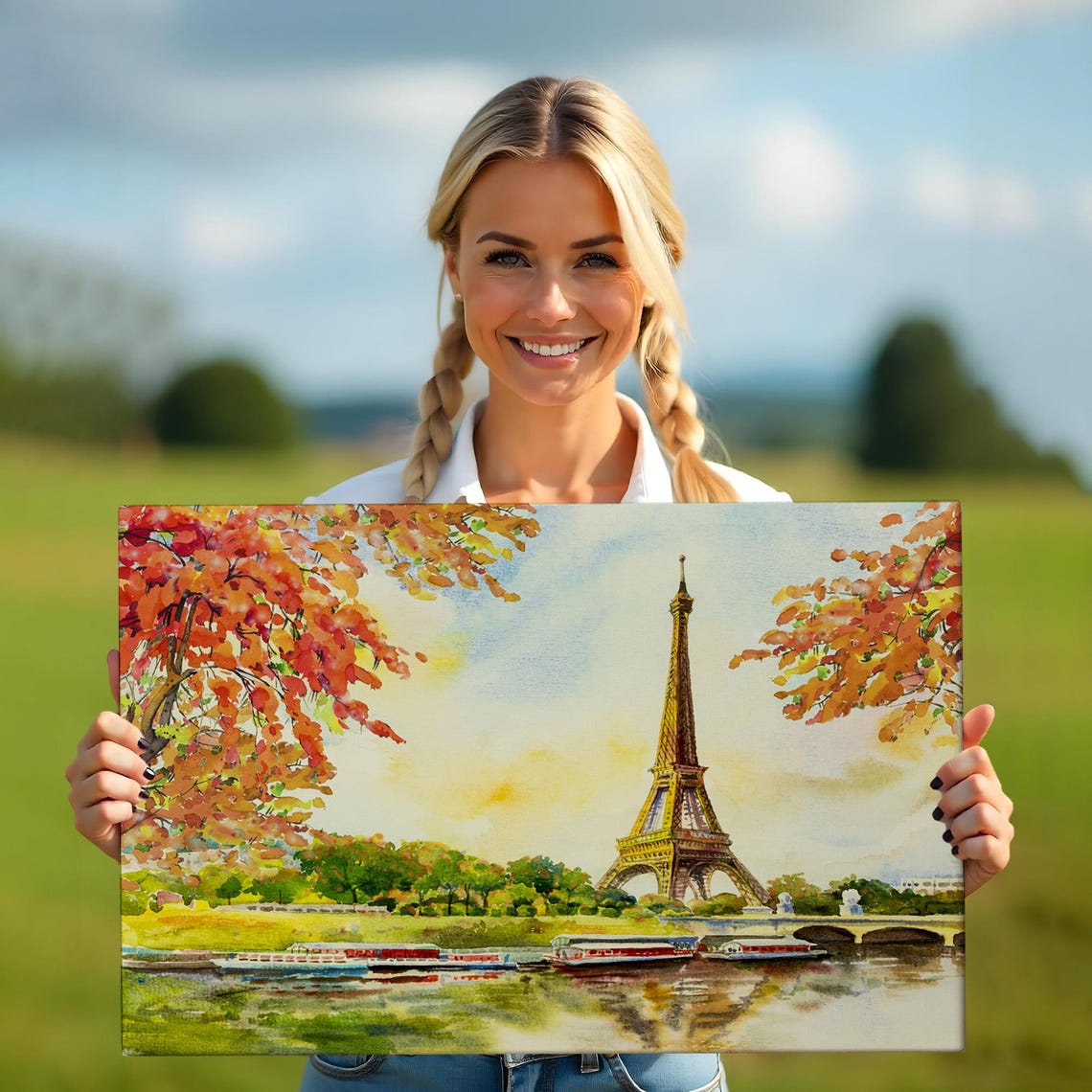 Eiffel Tower Seine River Autumn Trees Watercolor Paris View Poster - Image 5