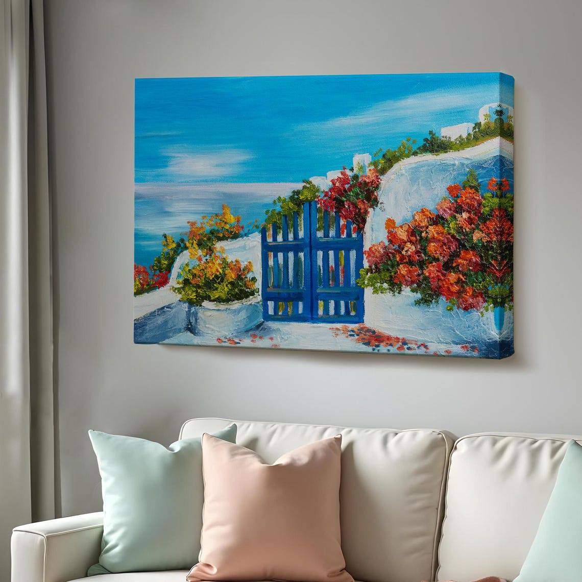 Greek Island Blue Door Whitewashed Wall Bougainvillea Sea View Poster