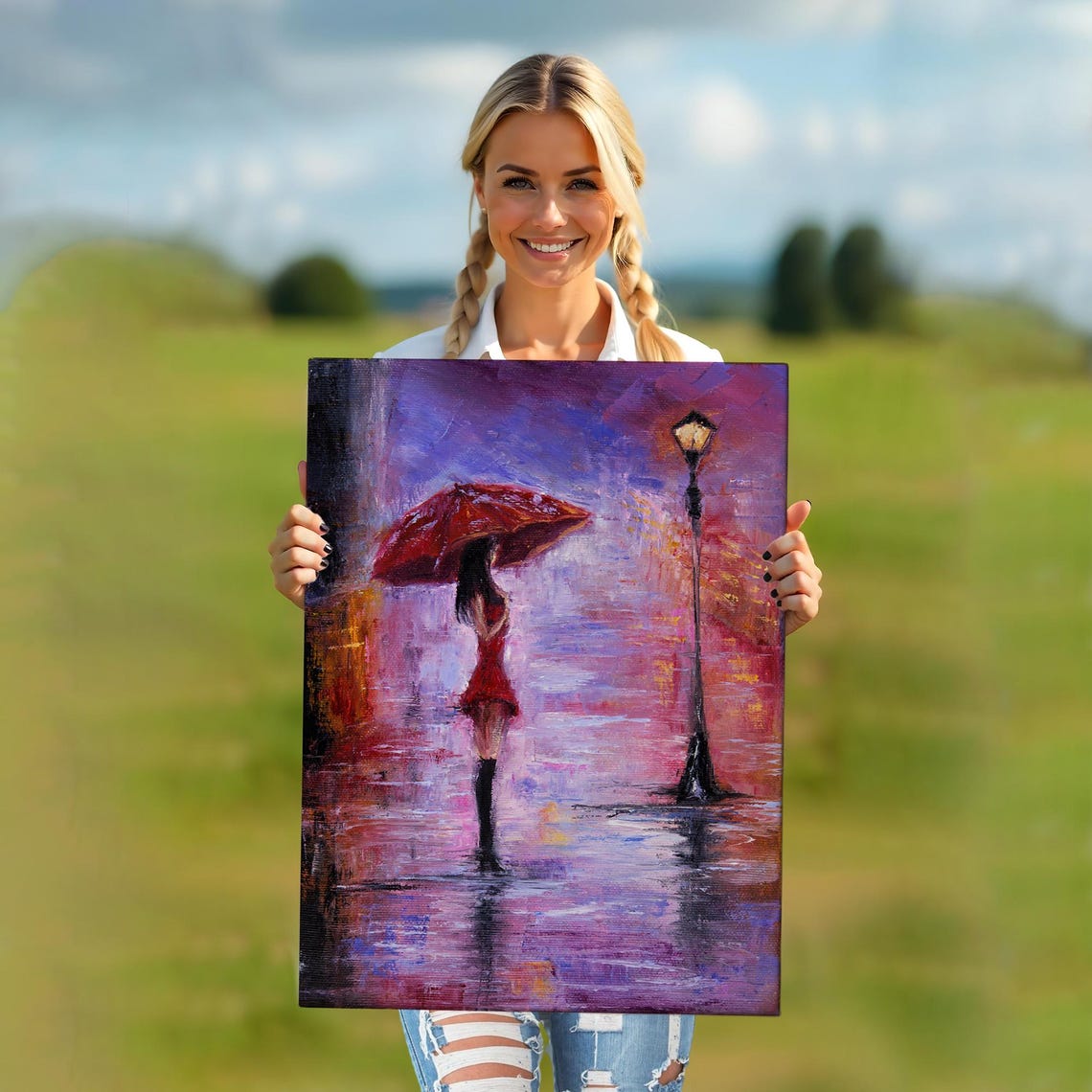 Woman with Red Umbrella Rainy Night Street Lamp Painting Poster - Image 5