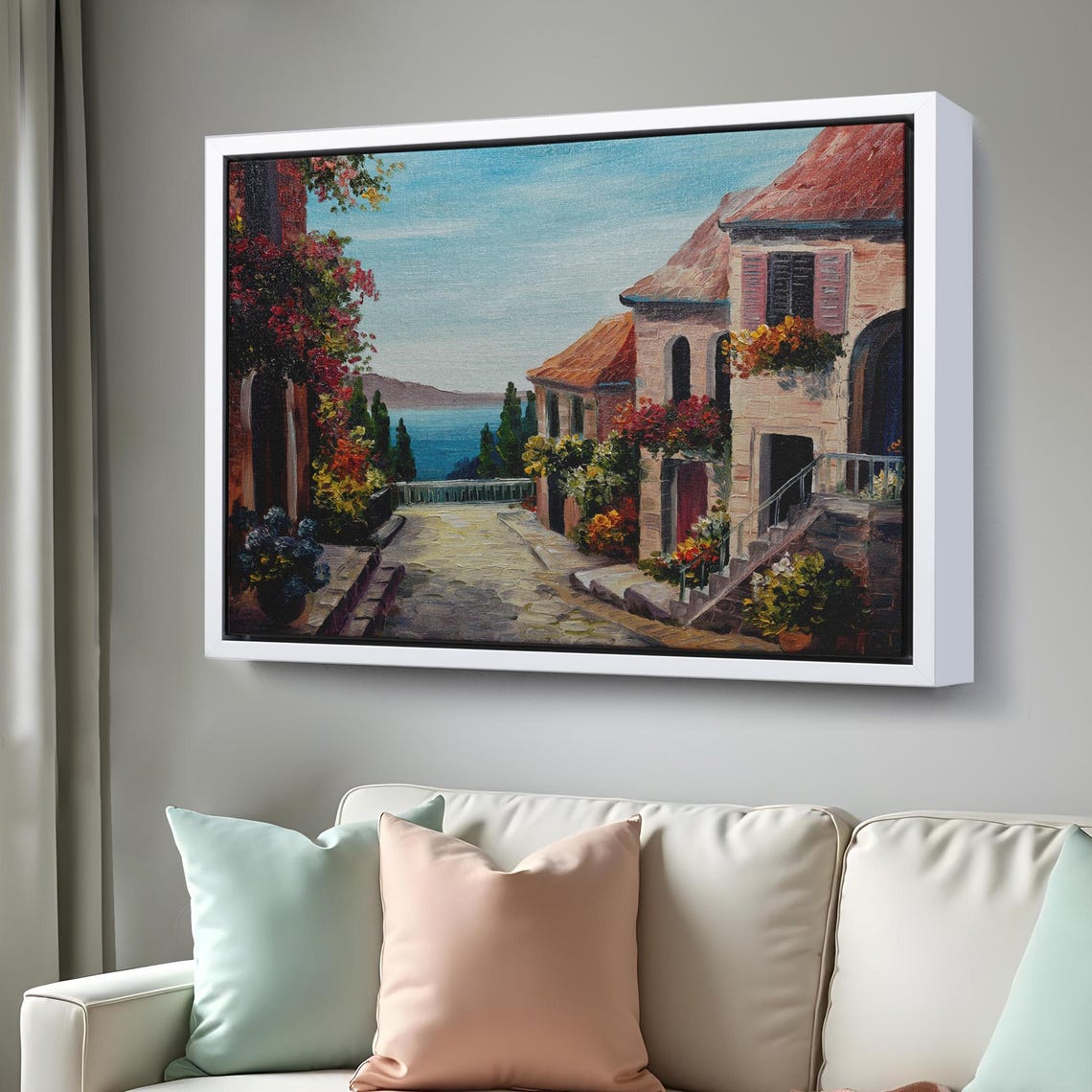 Mediterranean Stone Street Flower Balconies Blue Sea View Art Poster - Image 3
