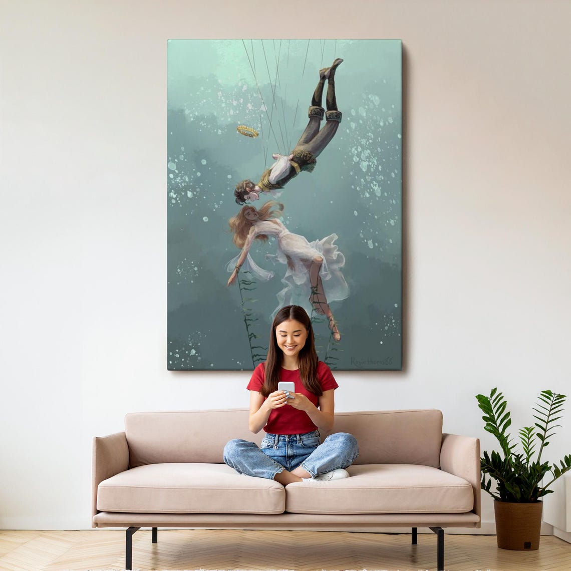 Underwater Lovers Reaching Out Dreamy Ocean Romance Fantasy Art Poster - Image 3