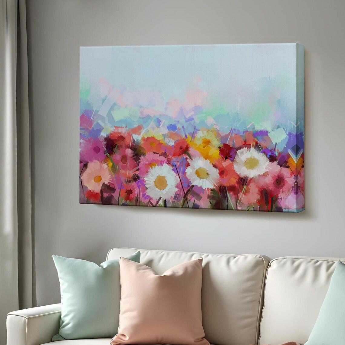 Colorful Daisy Field White Pink Blooms Pastel Sky Floral Art Poster