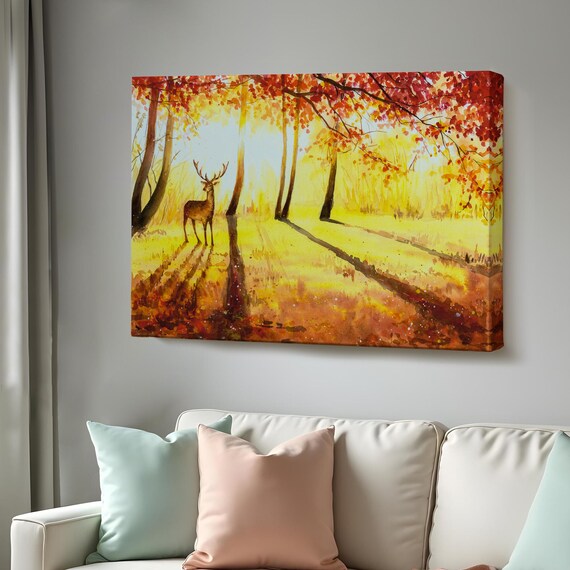 Deer Stag Autumn Forest Golden Morning Light Watercolor Nature Wall Art Poster