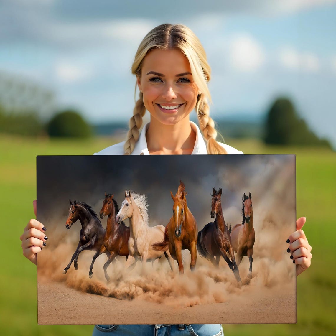 Six Horses Galloping Through Dust Cloud Wild Herd Equine Photo Poster - Image 5