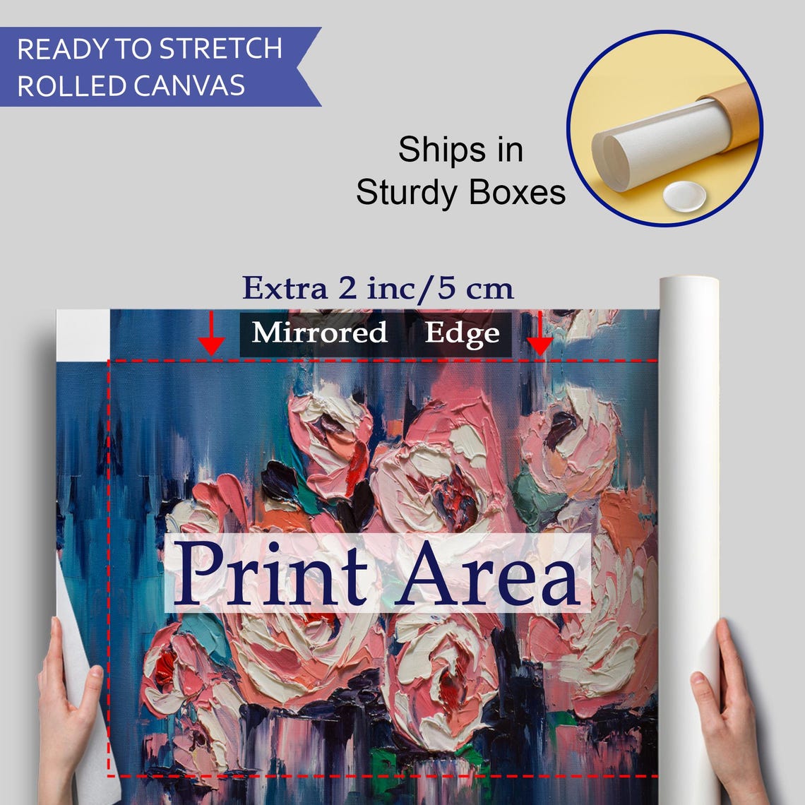 Pink Peony Bouquet Impasto Oil Painting Blue Background Wall Art - Image 4