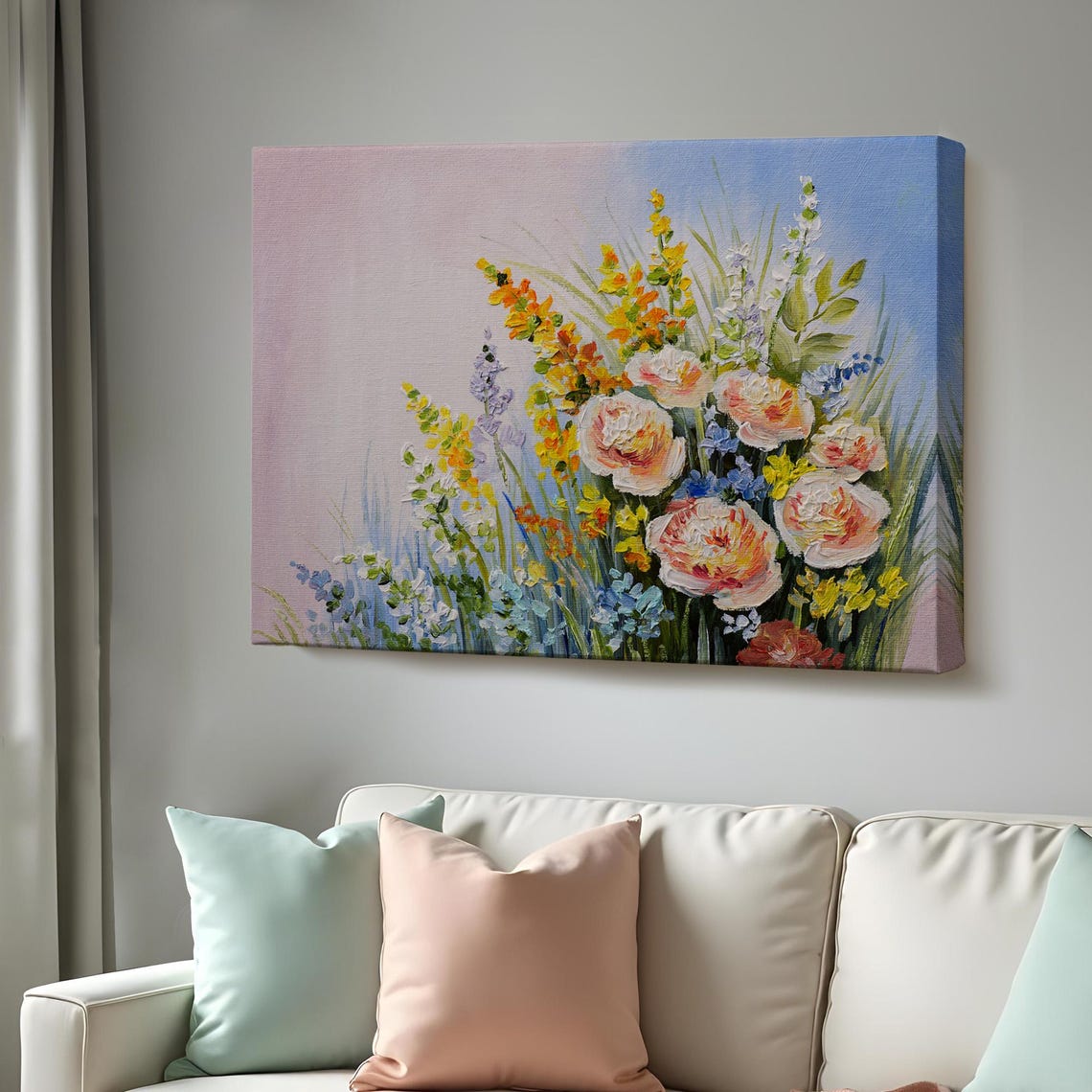 Summer Wildflower Meadow Roses Yellow Blue Impasto Floral Art Print