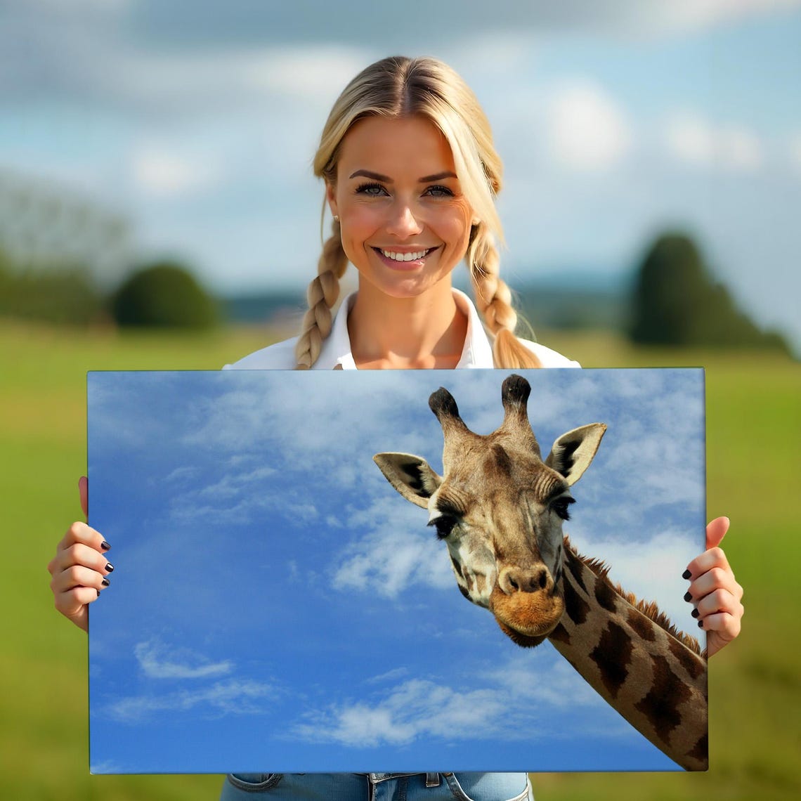 Curious Giraffe Head Peeking Into Frame Blue Sky Safari Photo Poster - Image 5