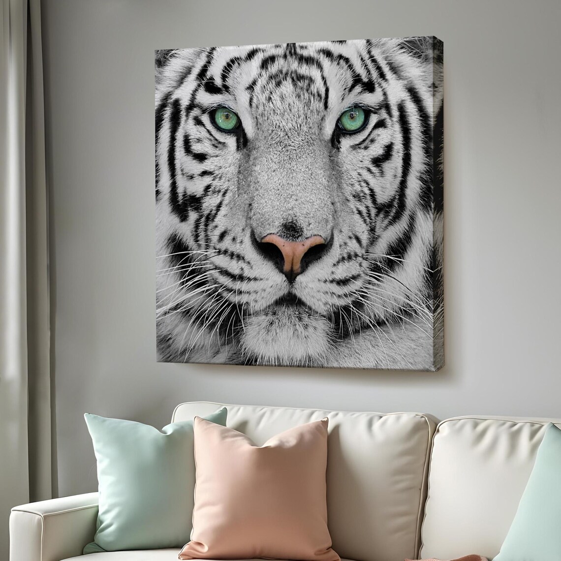Majestic White Tiger Face Close Up Green Eyes Wildlife Photography Wall Poster