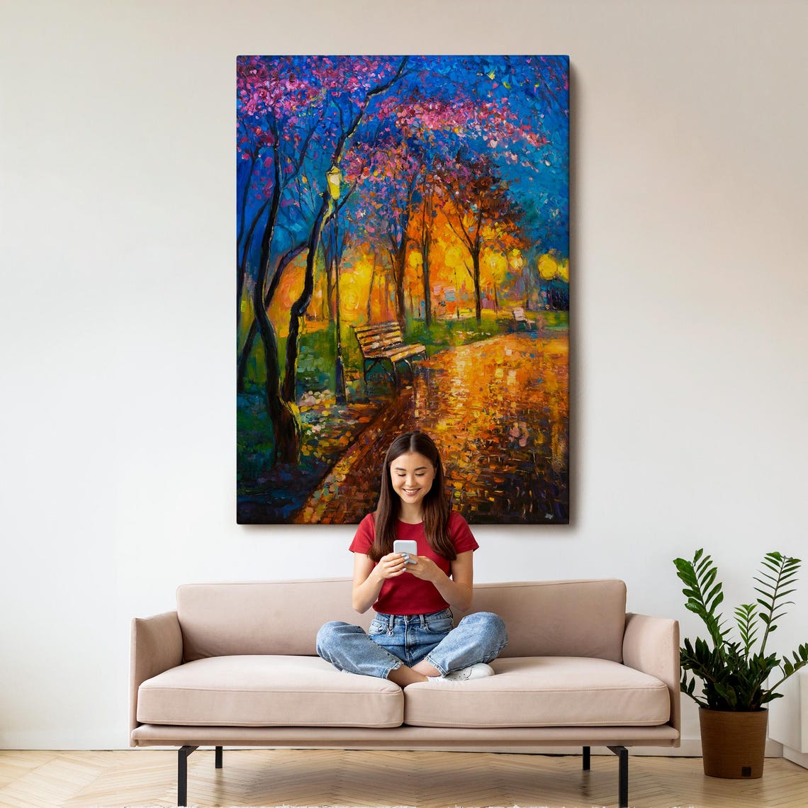 Night Park Glowing Lamplights Path Colorful Trees Painting Poster - Image 3