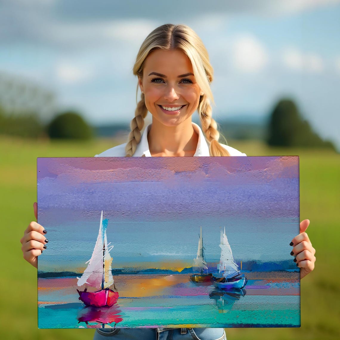 Turquoise Sunset Sailboats Ocean Calm Waters Oil Painting Poster - Image 5