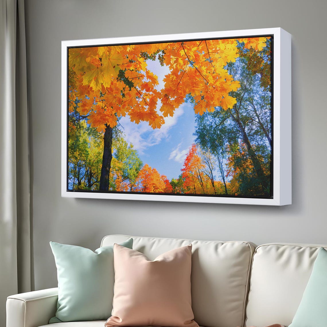 Golden Maple Canopy Autumn Leaves Blue Sky Nature Photography Poster - Image 3