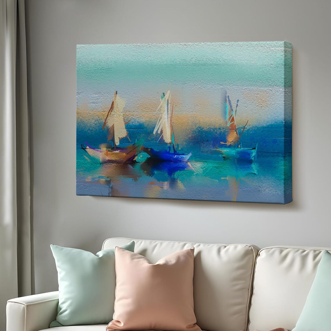 Three Sailboats on Teal Blue Water Soft Pastel Abstract Art Poster