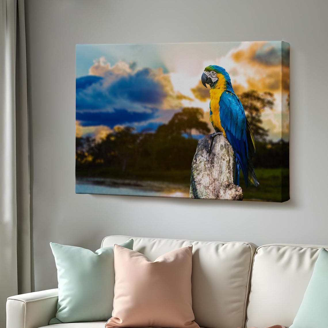 Blue And Yellow Macaw Parrot Perched At Sunset Tropical Photo Poster