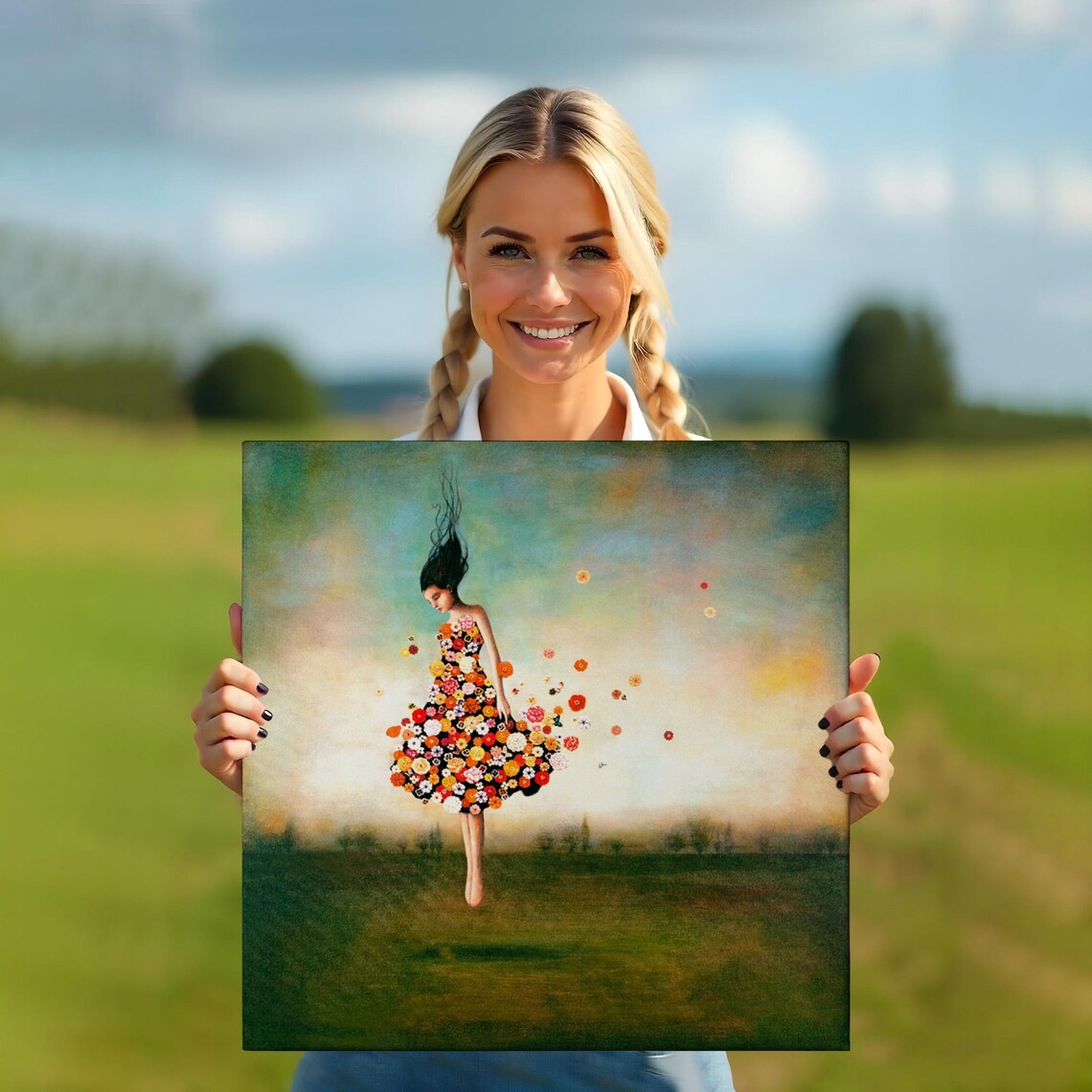 Girl In A Dress Of Flowers Whimsical Floral Portrait Meadow Wall Art - Image 5