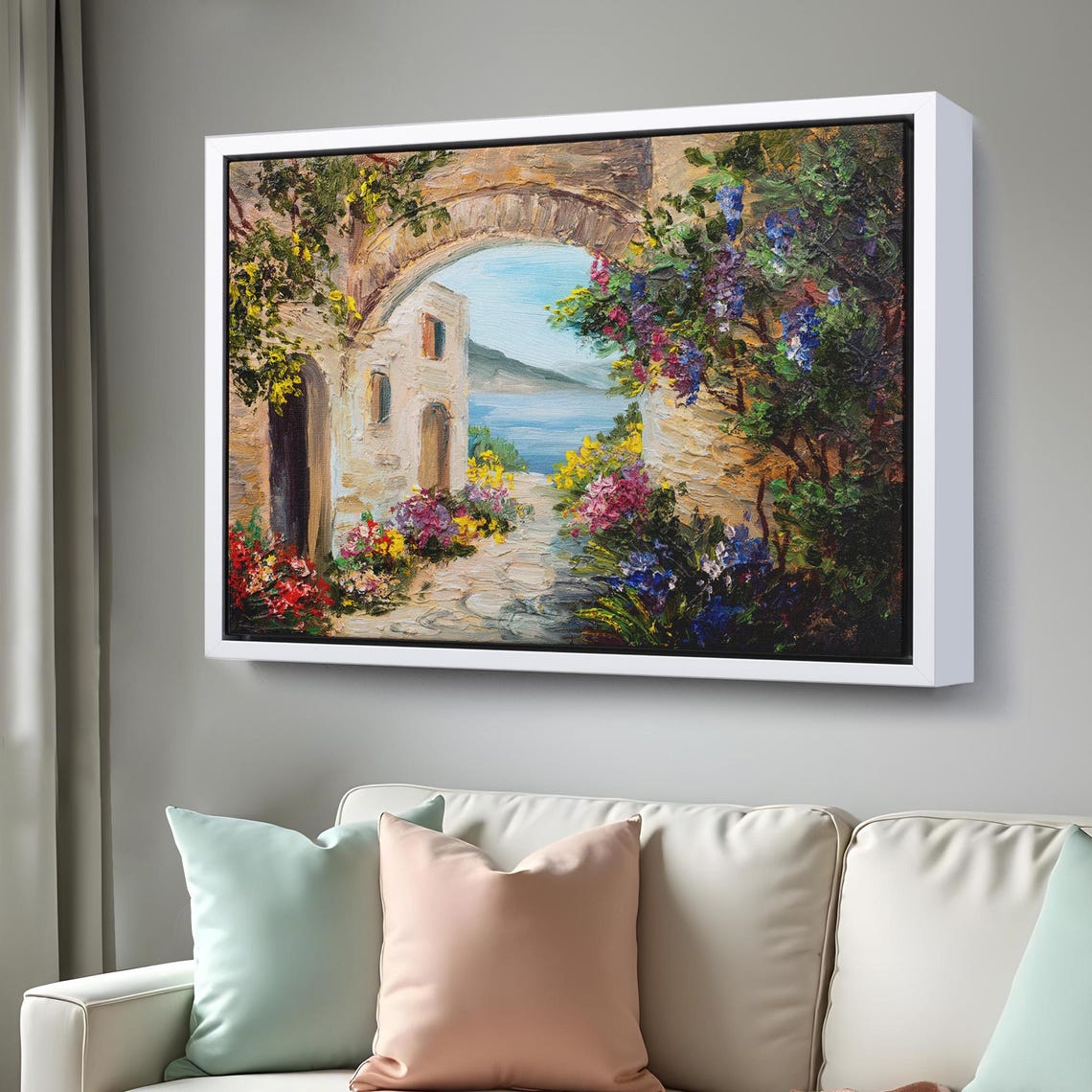 Mediterranean Stone Archway With Flowers Overlooking Sea View Poster - Image 3