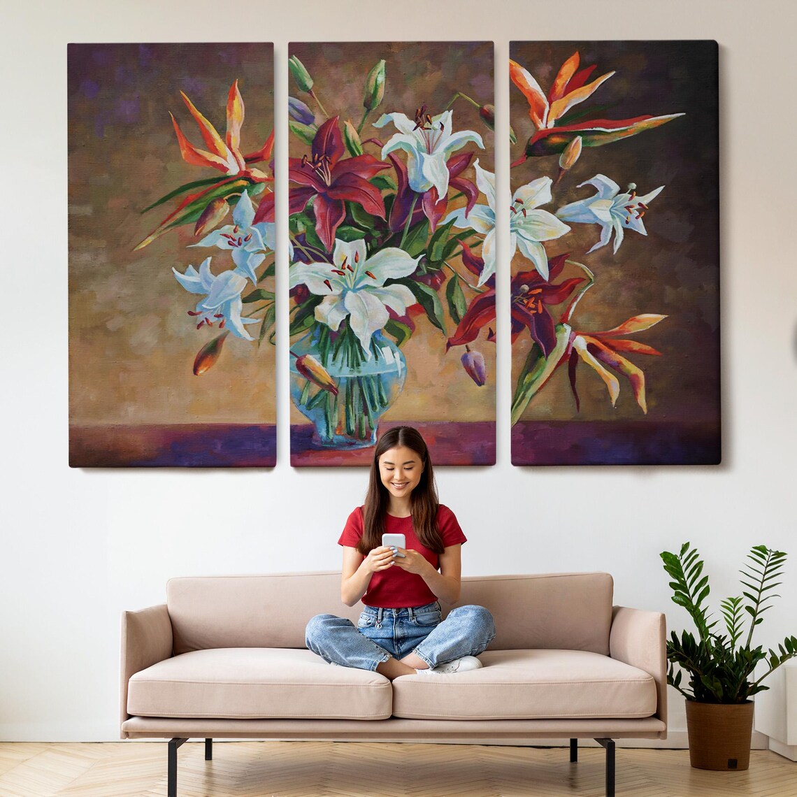 Lily Bouquet White Red Blossoms Glass Vase Oil Painting Wall Art - Image 2