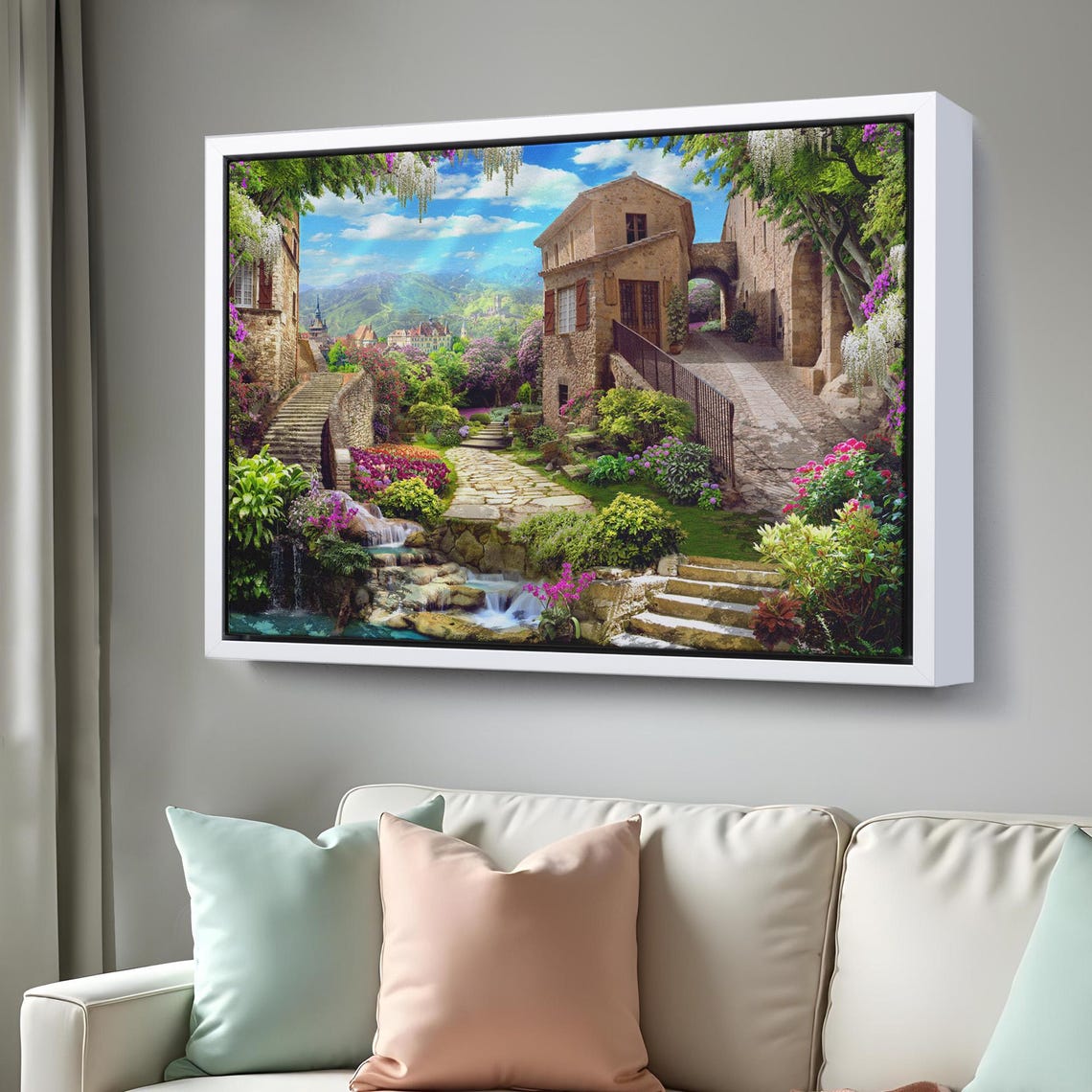Stone Village Waterfall Flower Gardens Mountain View Europe Poster - Image 3