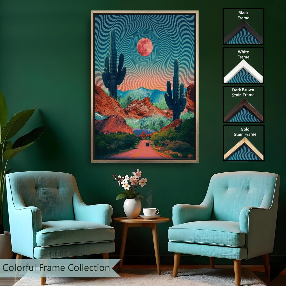 Psychedelic Desert Road Retro Saguaro Cactus Moon Night Sky Art Poster - Image 2