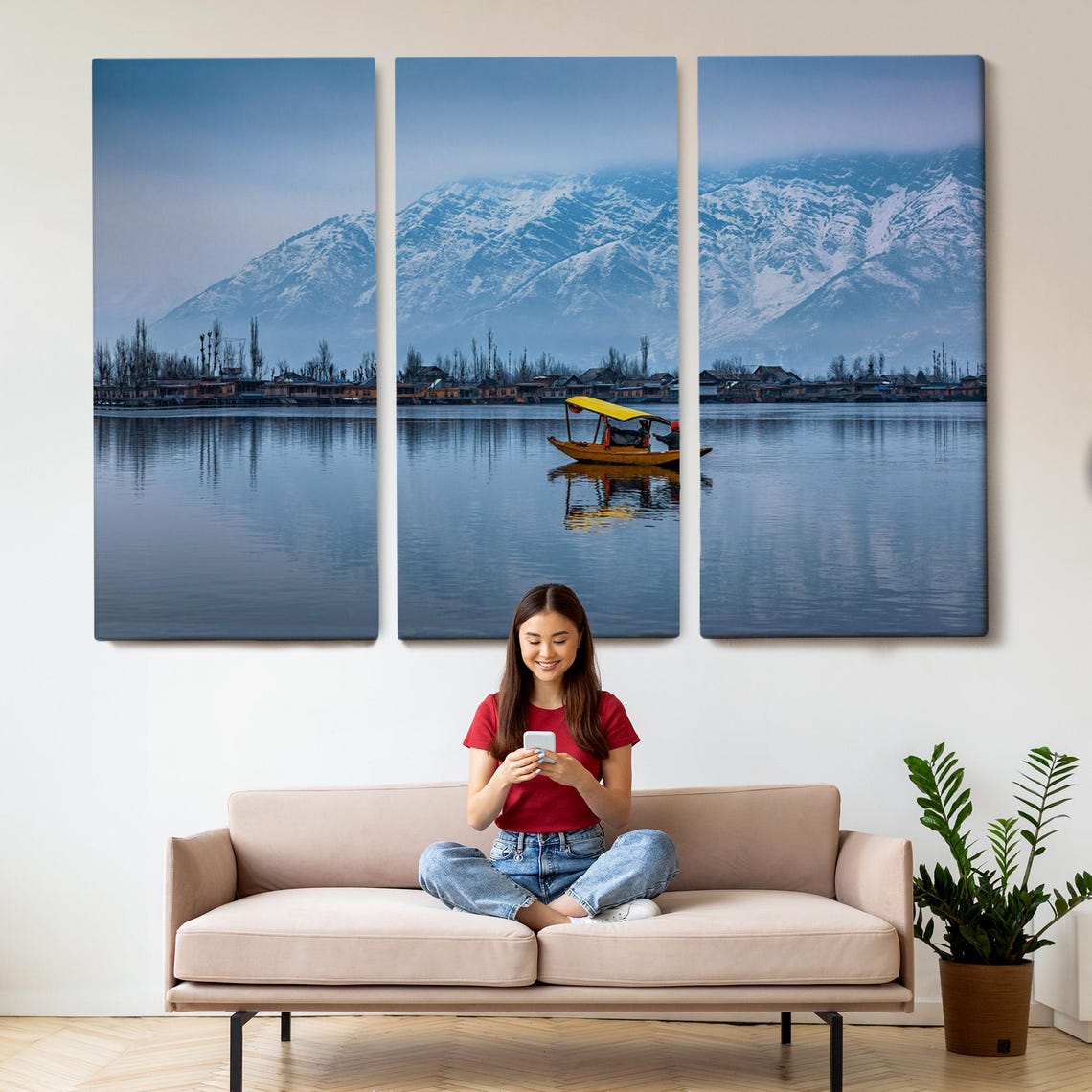 Dal Lake Srinagar Winter Shikara Boat Snowy Mountain India Poster - Image 2