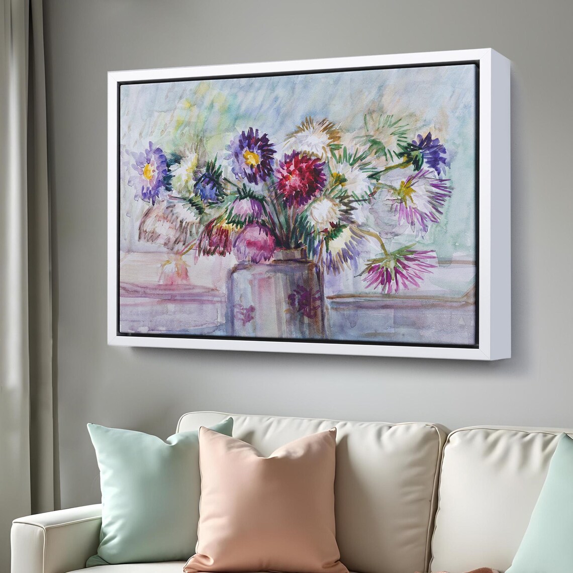 Purple Aster Bouquet Watercolor Flowers Vase Still Life Art Print - Image 3