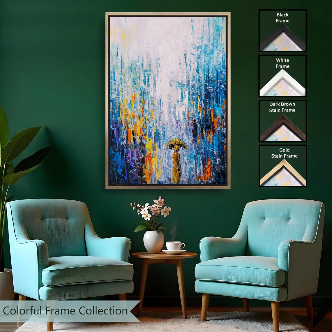 Abstract Rainy Day Blue Rain Streaks Umbrella Figure Painting Poster - Image 2