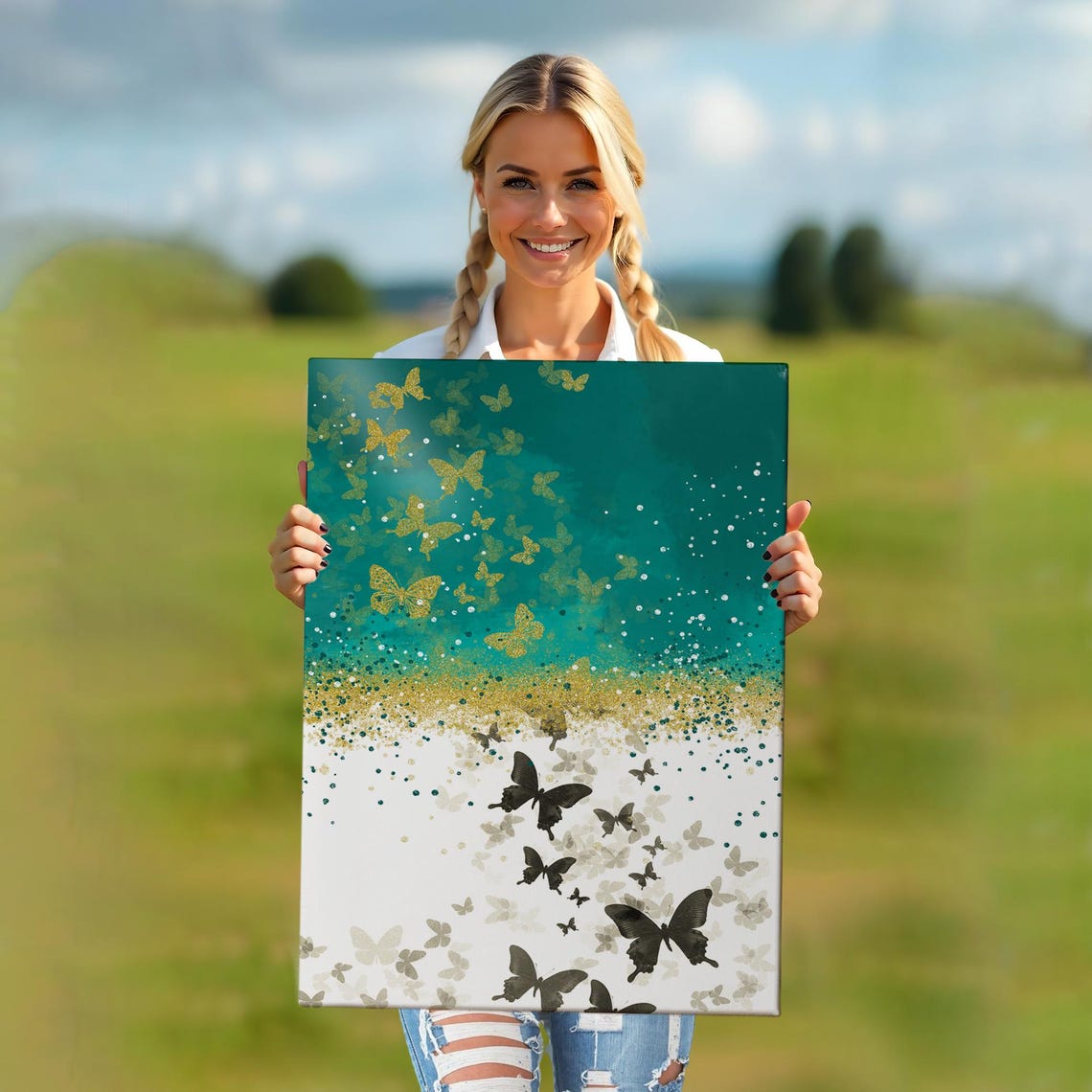Gold Black Butterflies on Teal Elegant Modern Abstract Canvas Wall Art - Image 5