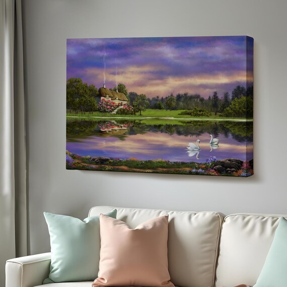 Lakeside Forest House Landscape Oil Painting Look Decorative Wall Art Nature Wall Decor Landscape Wall Table