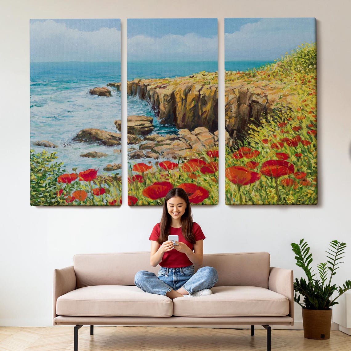 Rocky Coastal Cliffs Red Poppies Turquoise Sea Oil Painting Poster - Image 2