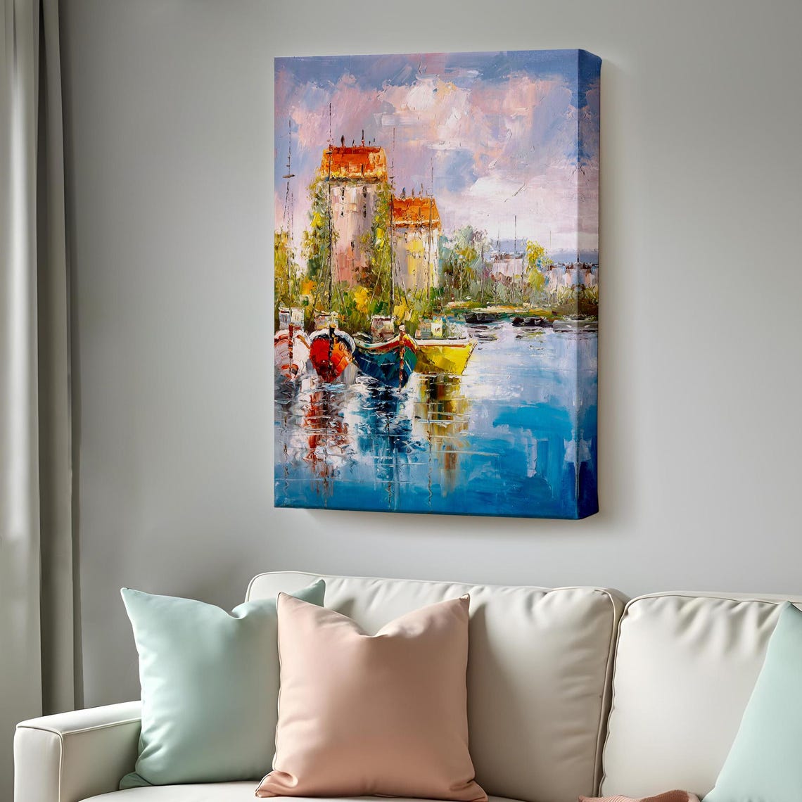 Impressionist Harbor Colorful Boats Old Town Waterfront Art Poster