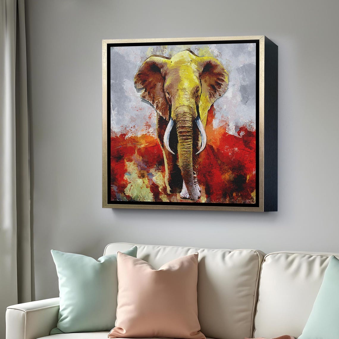 Golden Elephant Front View Red Abstract Background Animal Art Poster - Image 4
