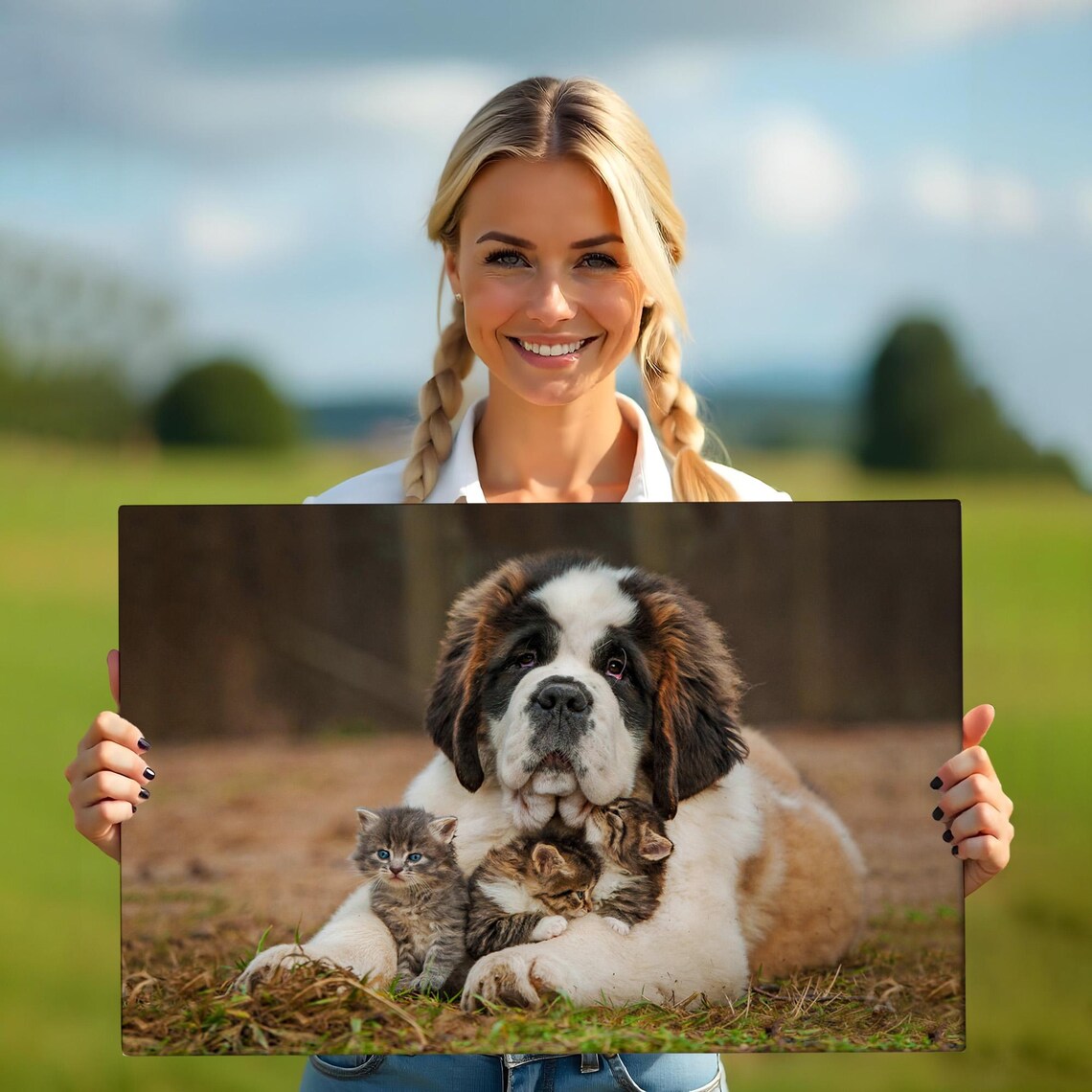 Saint Bernard Dog Cuddling Three Tiny Kittens Adorable Pets Photo Poster - Image 5