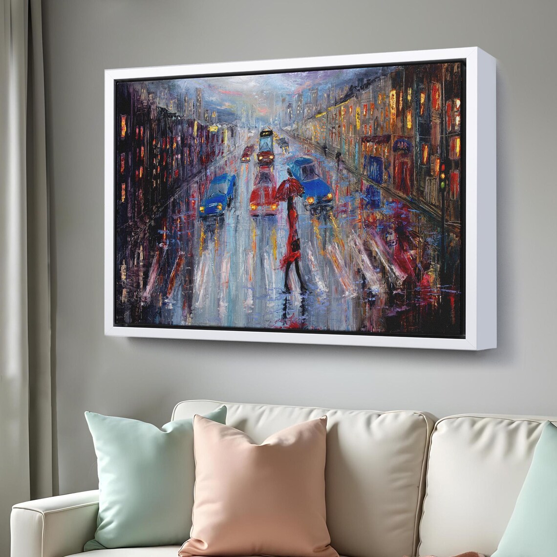 Rainy City Street Woman With Red Umbrella Wet Night Lights Poster - Image 3