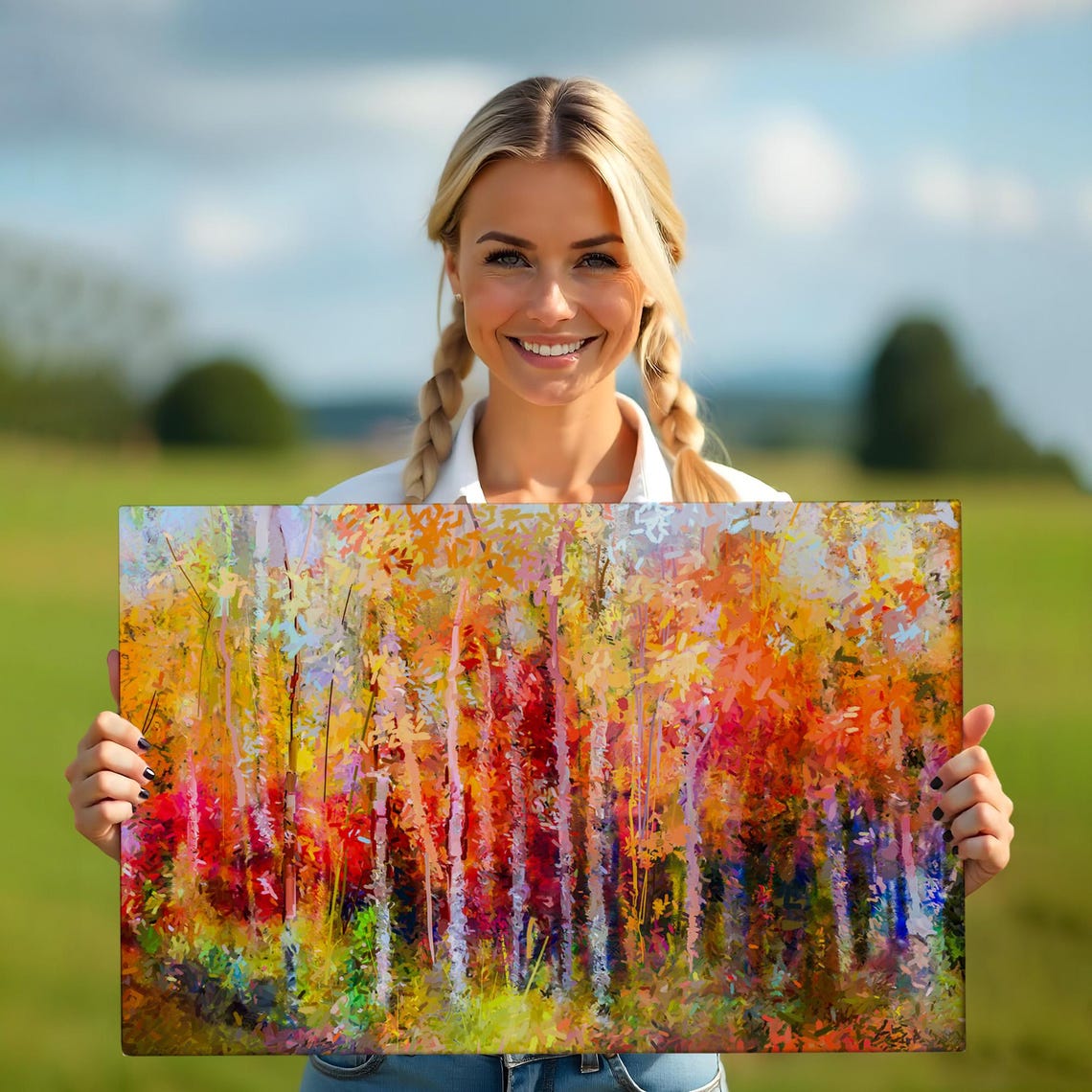 Abstract Autumn Birch Forest Red Orange Gold Modern Art Poster - Image 5