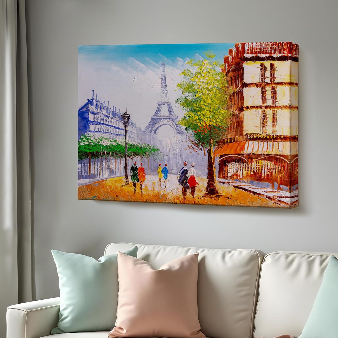 Eiffel Tower Paris Boulevard Street Oil Painting People Walk Poster