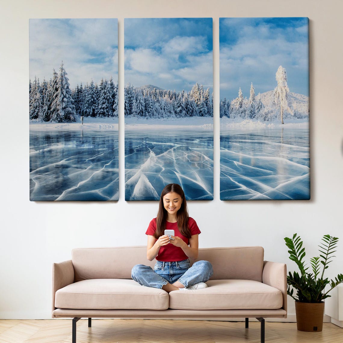 Frozen Lake Cracked Blue Ice Snowy Pine Forest Winter Landscape Poster - Image 2