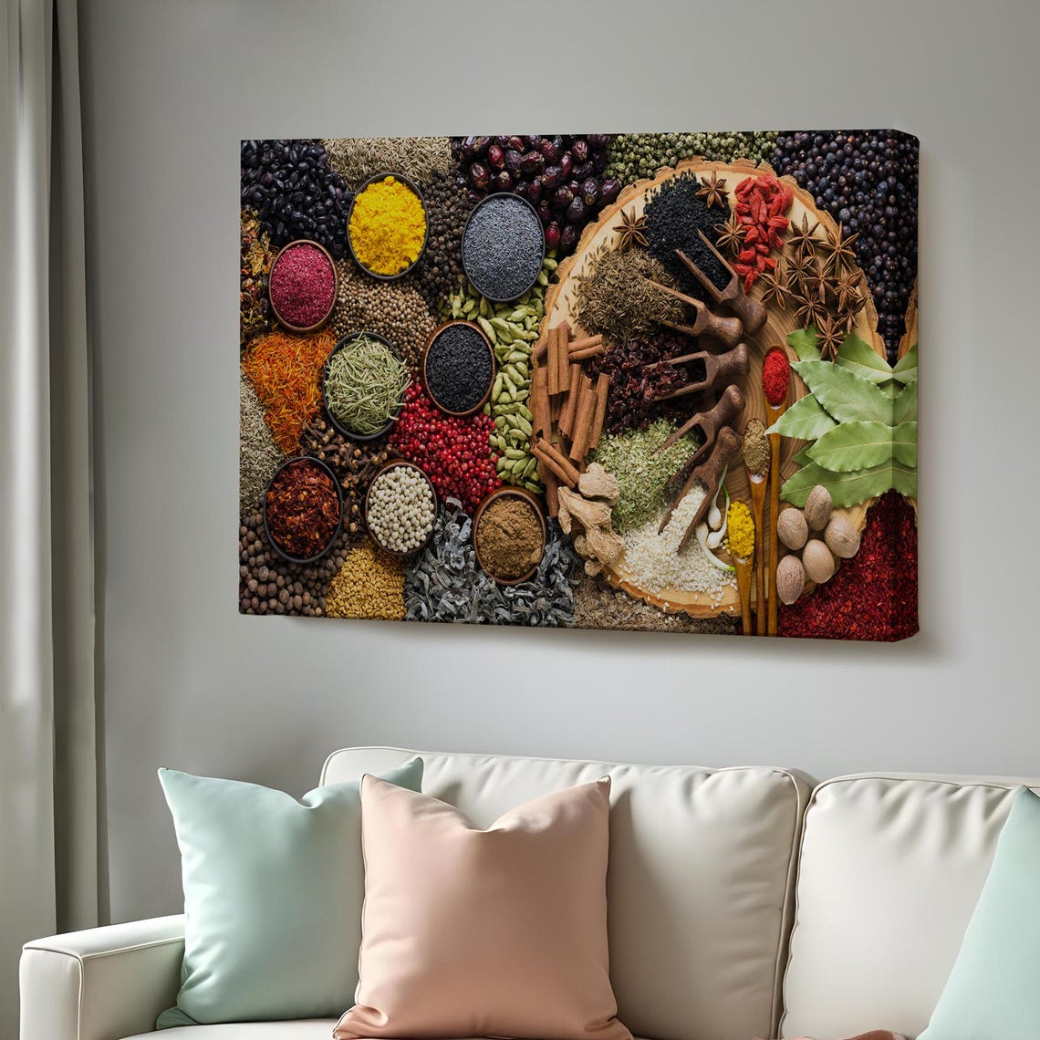 Colorful Spices Bowls Overhead Dark Background Kitchen Wall Art